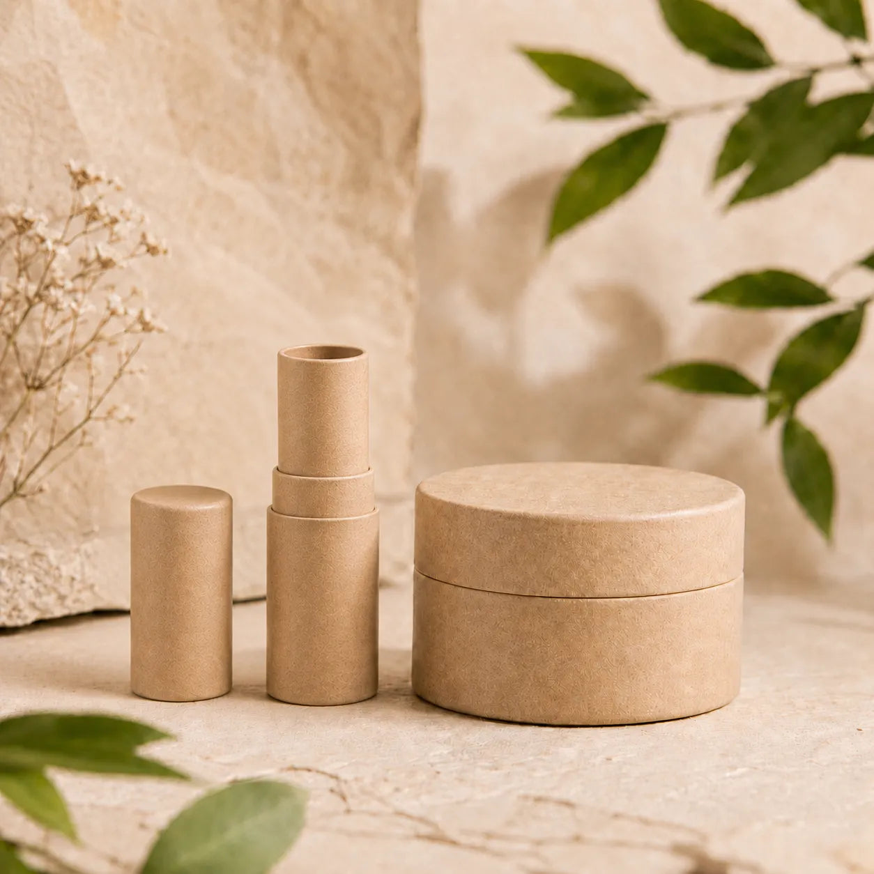 Biodegradable cosmetic packaging featuring a paper lipstick container and sustainable cosmetic jar