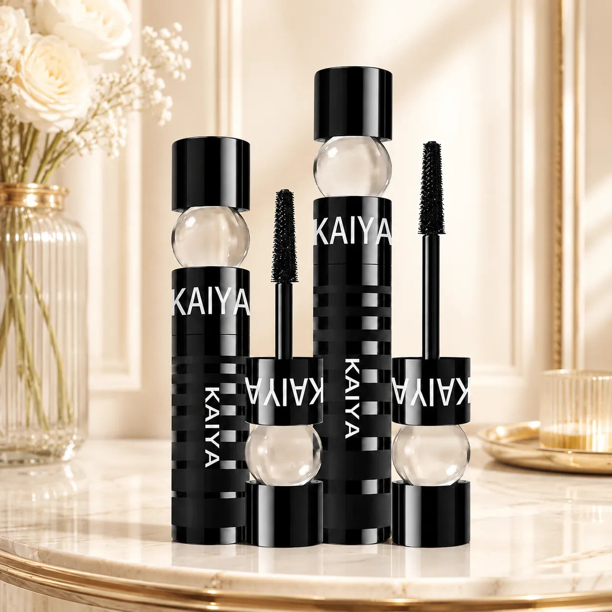 Black mascara bottle packaging displayed in a bright luxury cosmetic setting with elegant custom design