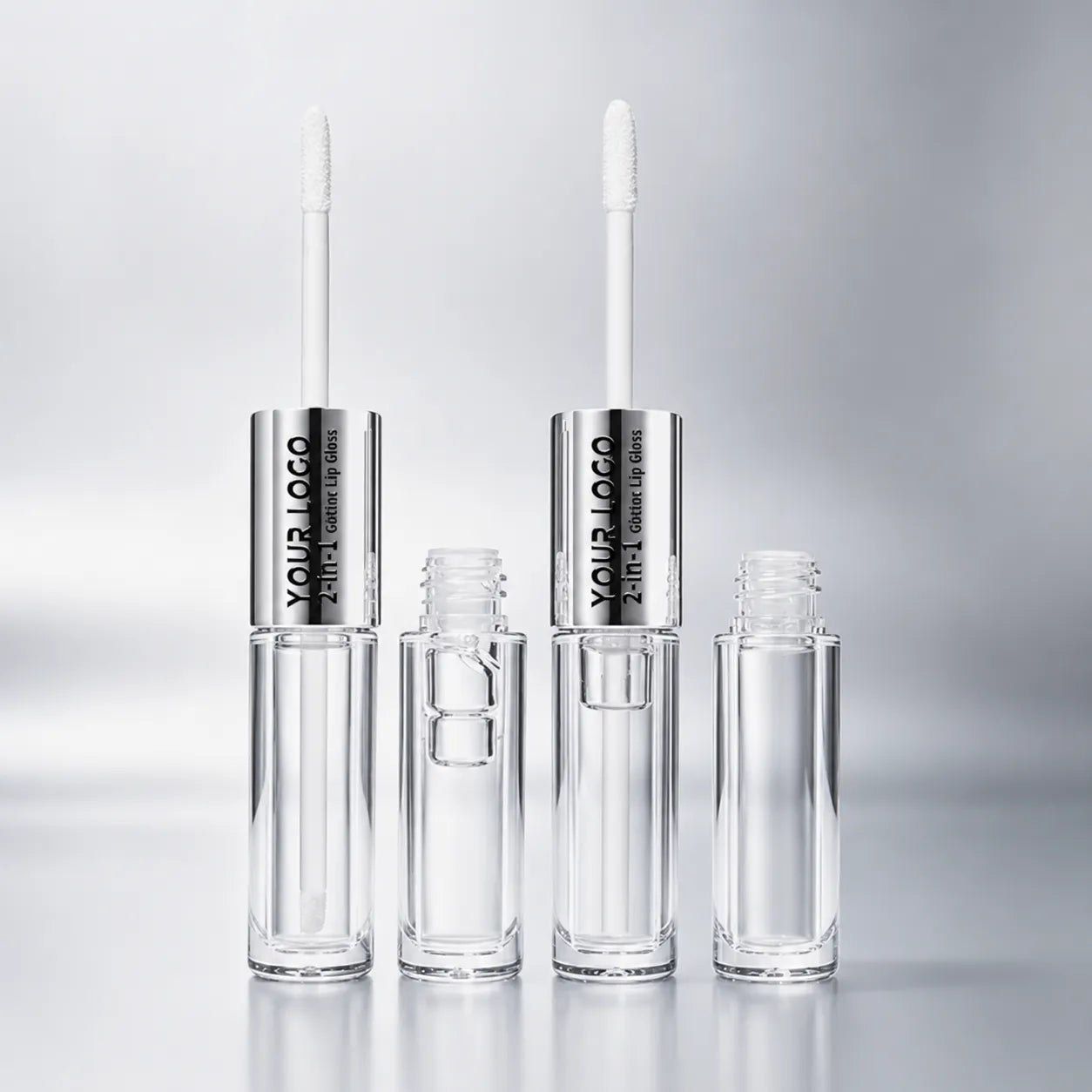 Clear empty lip gloss tubes with silver caps in multiple bottle styles for custom lip gloss packaging.