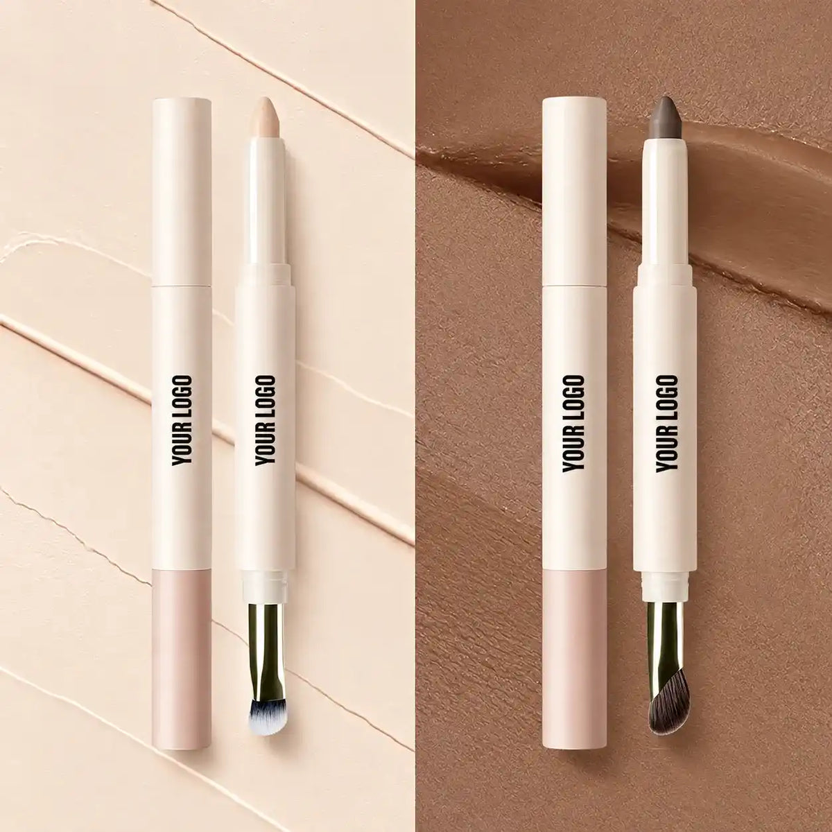 Private label concealer pencils in light beige and deep brown shades, featuring precision application tips and built-in blending brushes by KAIYA.