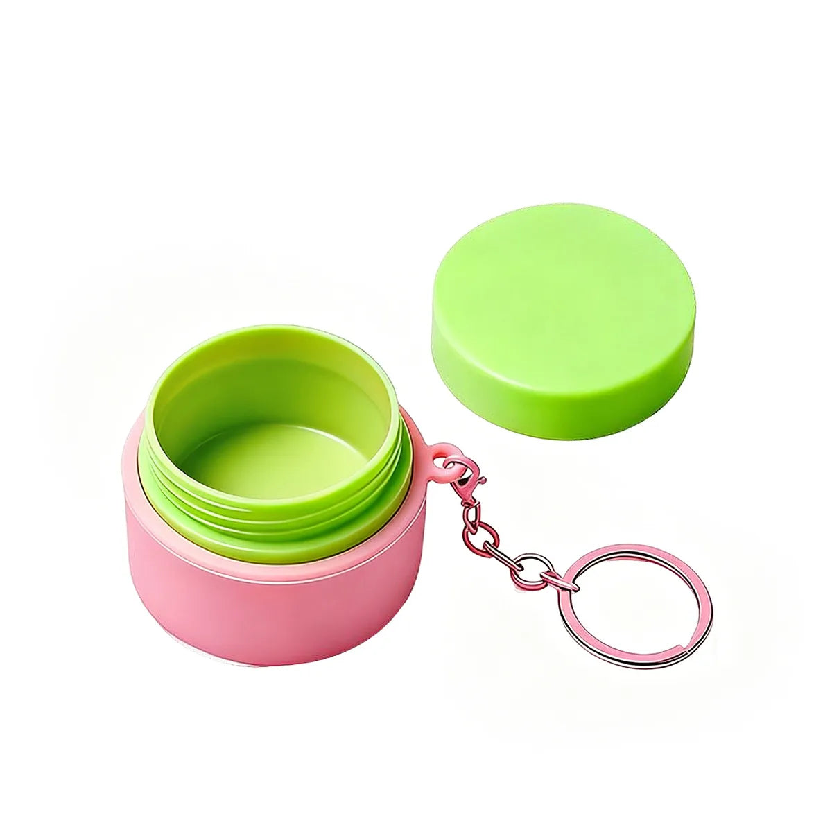 Cosmetic keychain empty jar container in pink and green design for mini cosmetic packaging