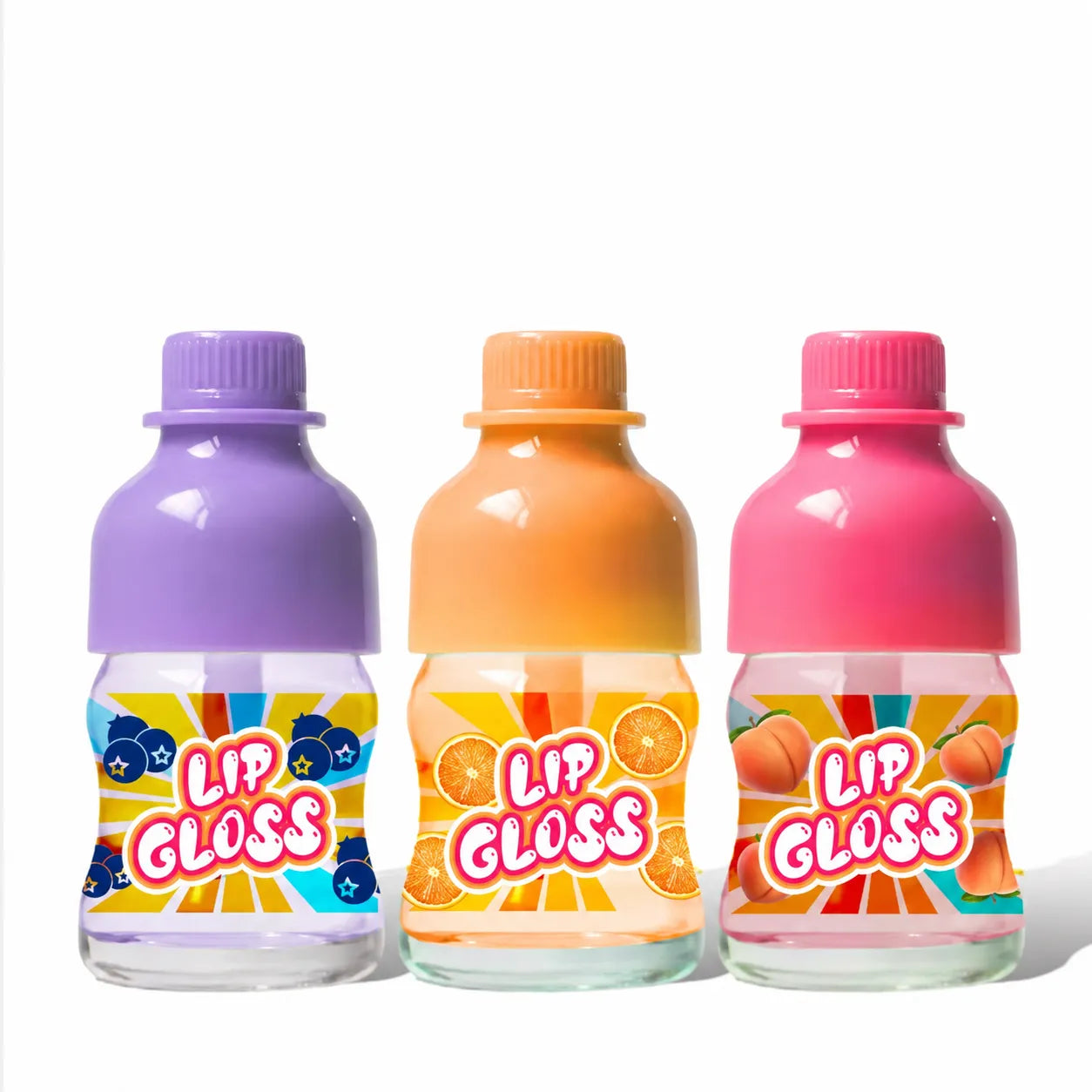 Kaiya cute lip gloss bottles with colorful fruit labels, rounded caps, and playful packaging for cosmetic collections.