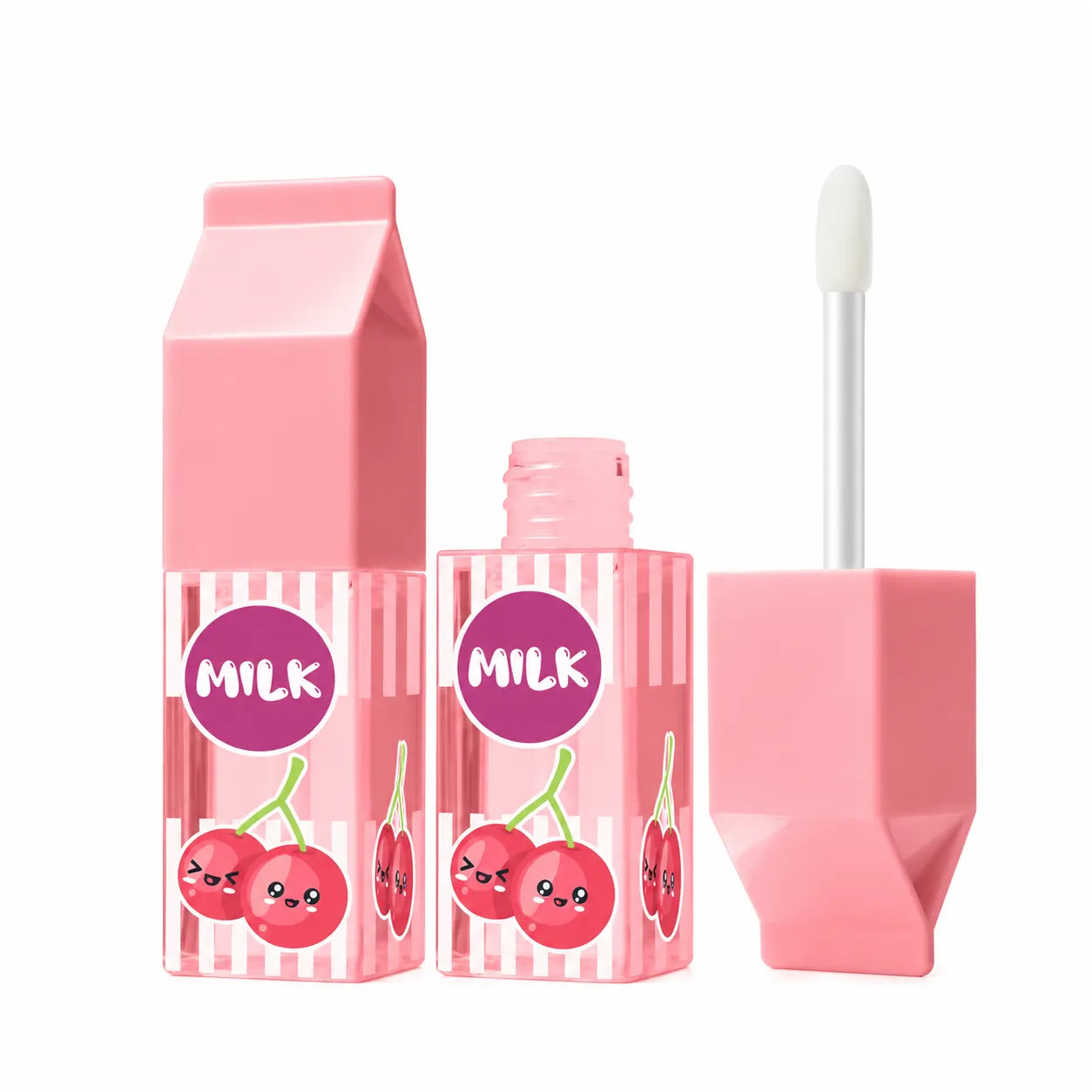 Kaiya cute lip gloss packaging with milk carton shapes, cherry graphics, pink striped bottles, and a matching applicator.