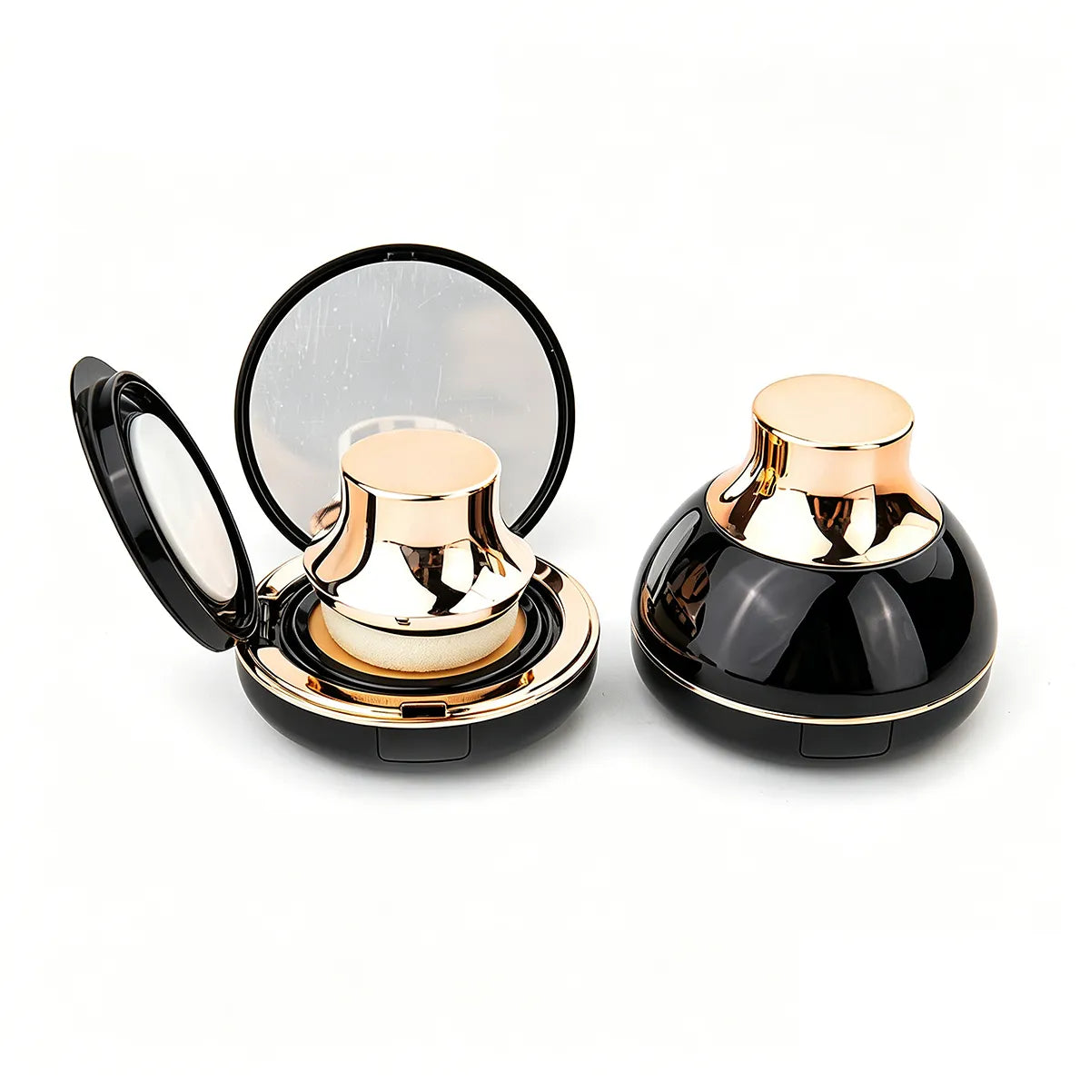 Empty cushion compact in a black and gold case with mirror and sponge space for Kaiya cushion foundation packaging.
