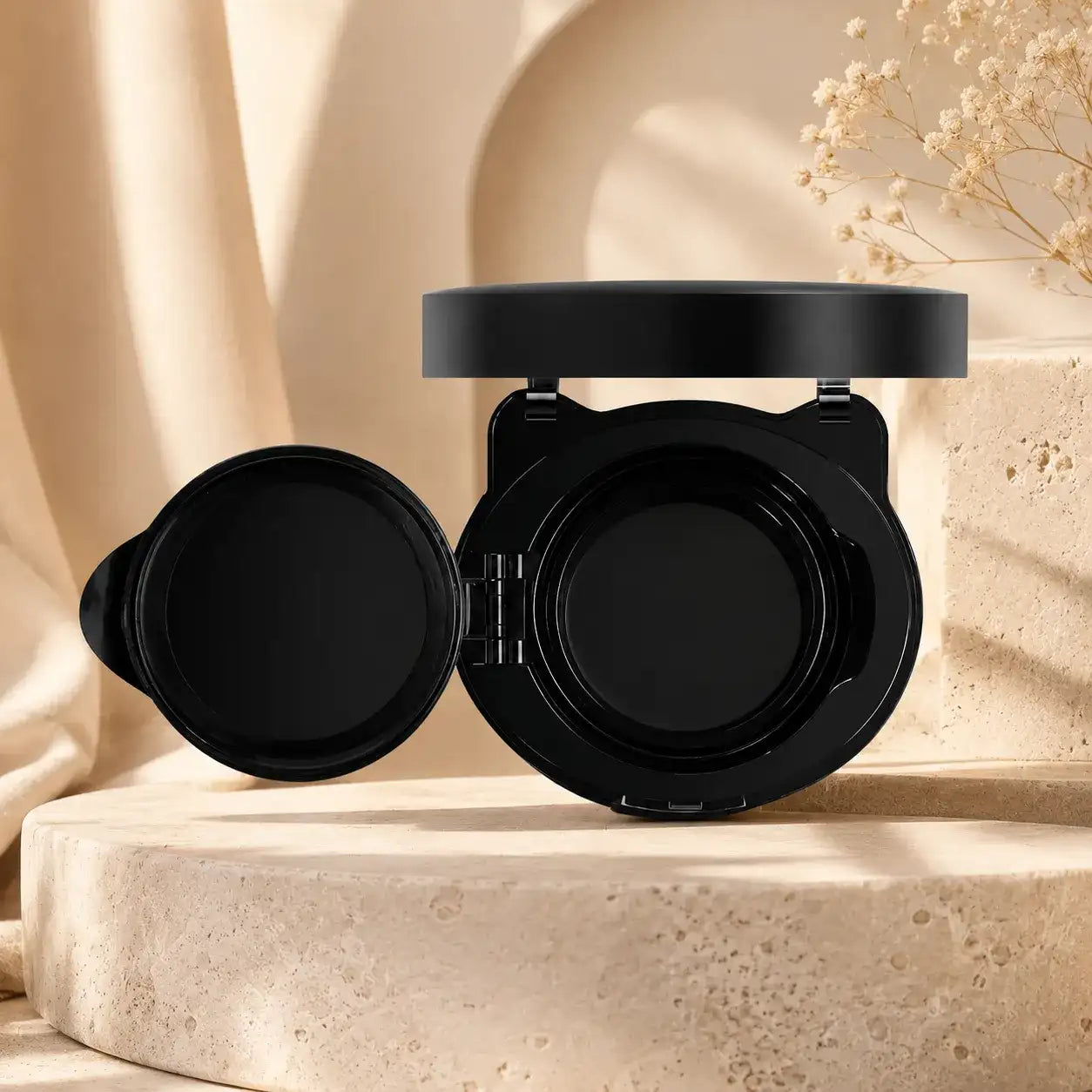 Empty cushion compact in cat-shaped black packaging with open case structure for custom cushion makeup lines