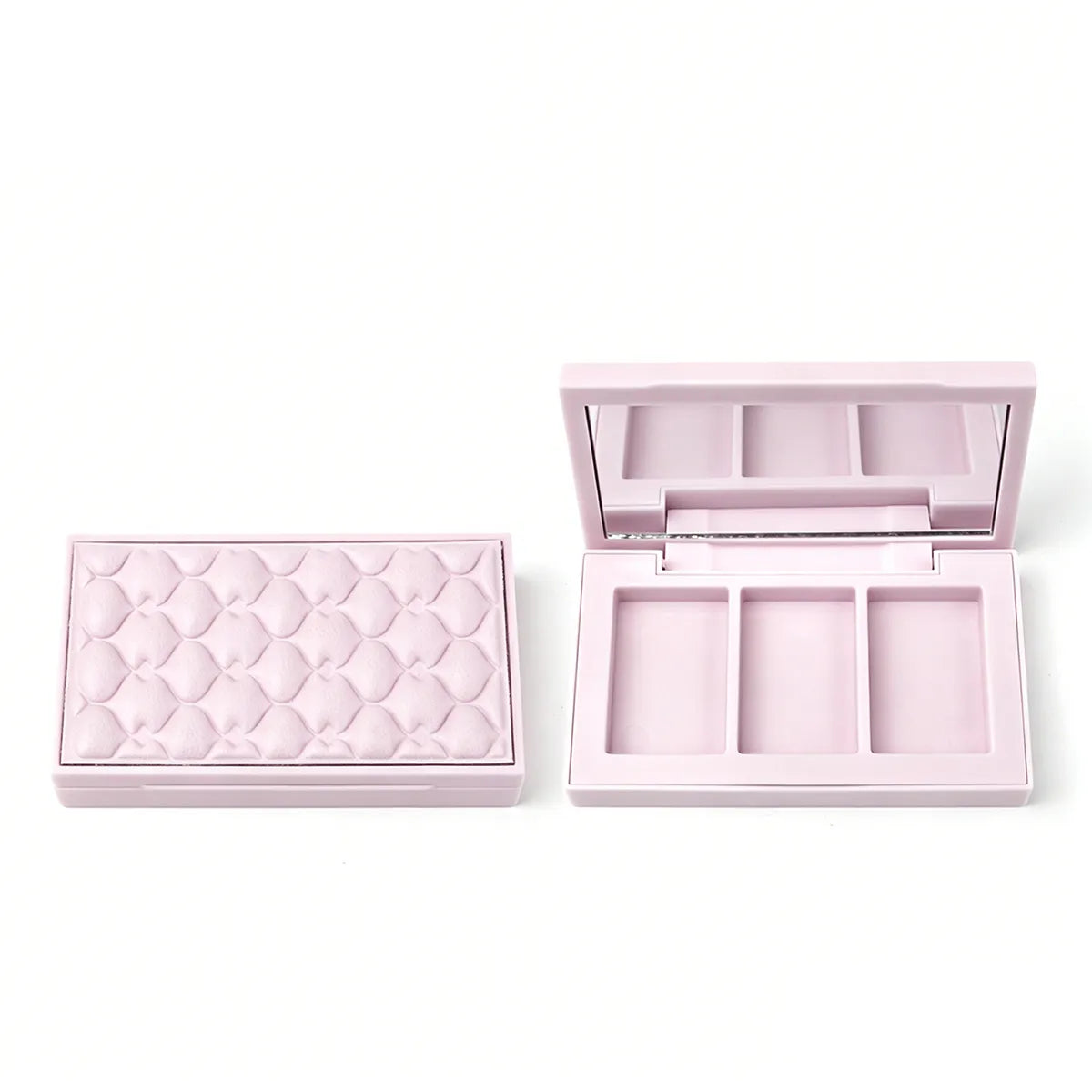Empty magnetic eyeshadow palette with three rectangular pan spaces and mirror for Kaiya magnetic makeup packaging.
