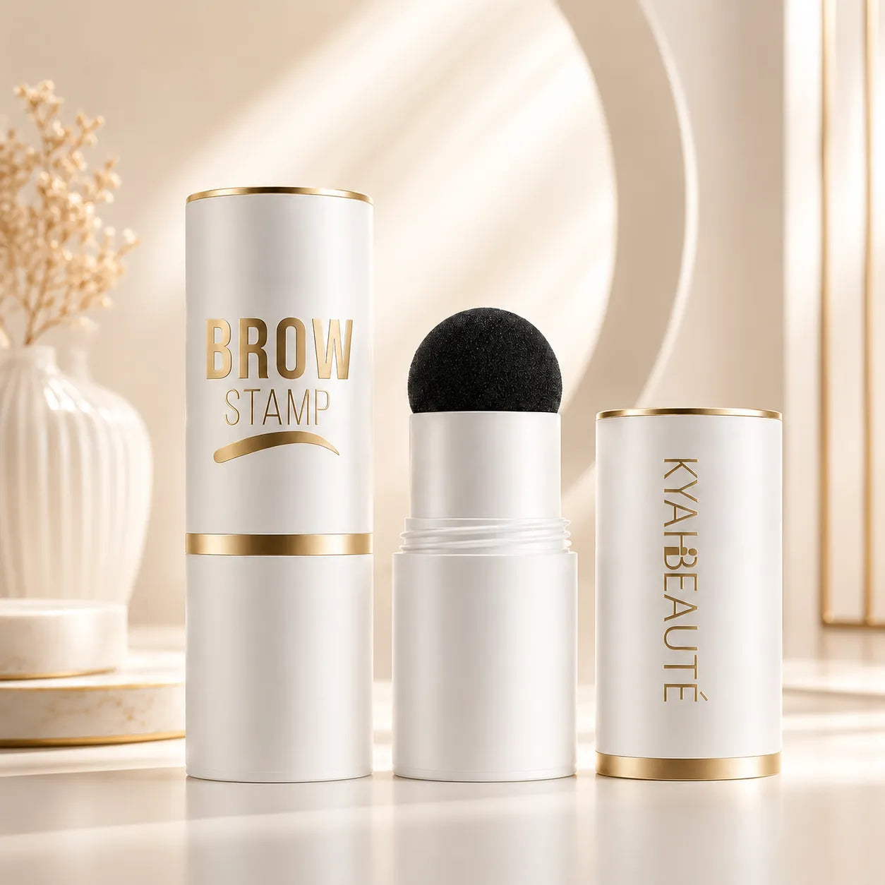 Eyebrow gel container in a brow stamp packaging design with cylindrical cap and sponge applicator.