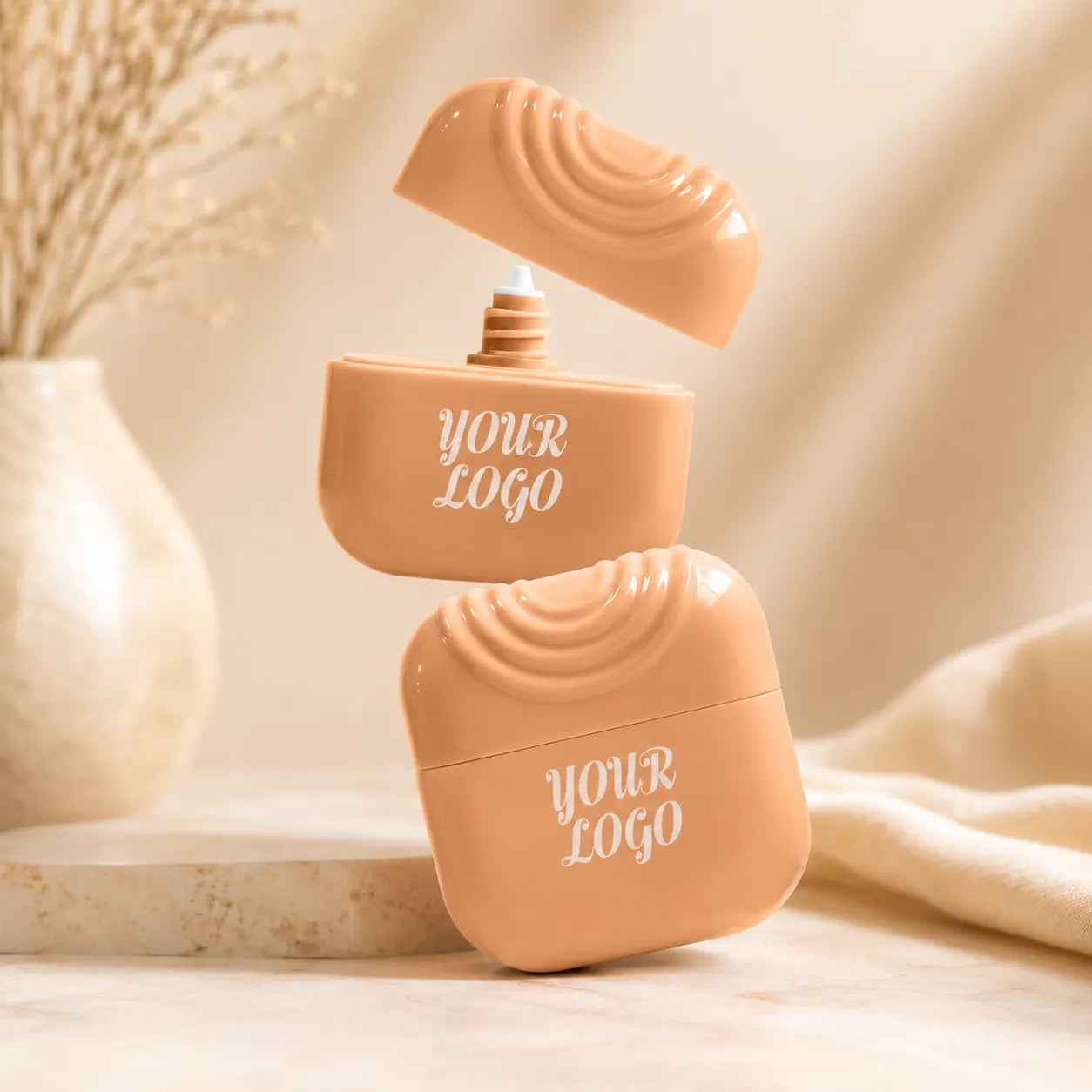 Foundation bottle in peach cream cosmetic packaging with custom logo and open cap design