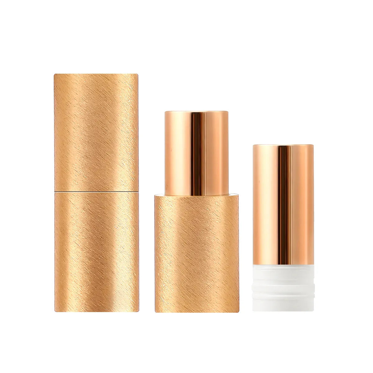 Magnetic refillable foundation stick packaging with gold tube components and a replaceable inner cartridge for Kaiya makeup stick packaging.