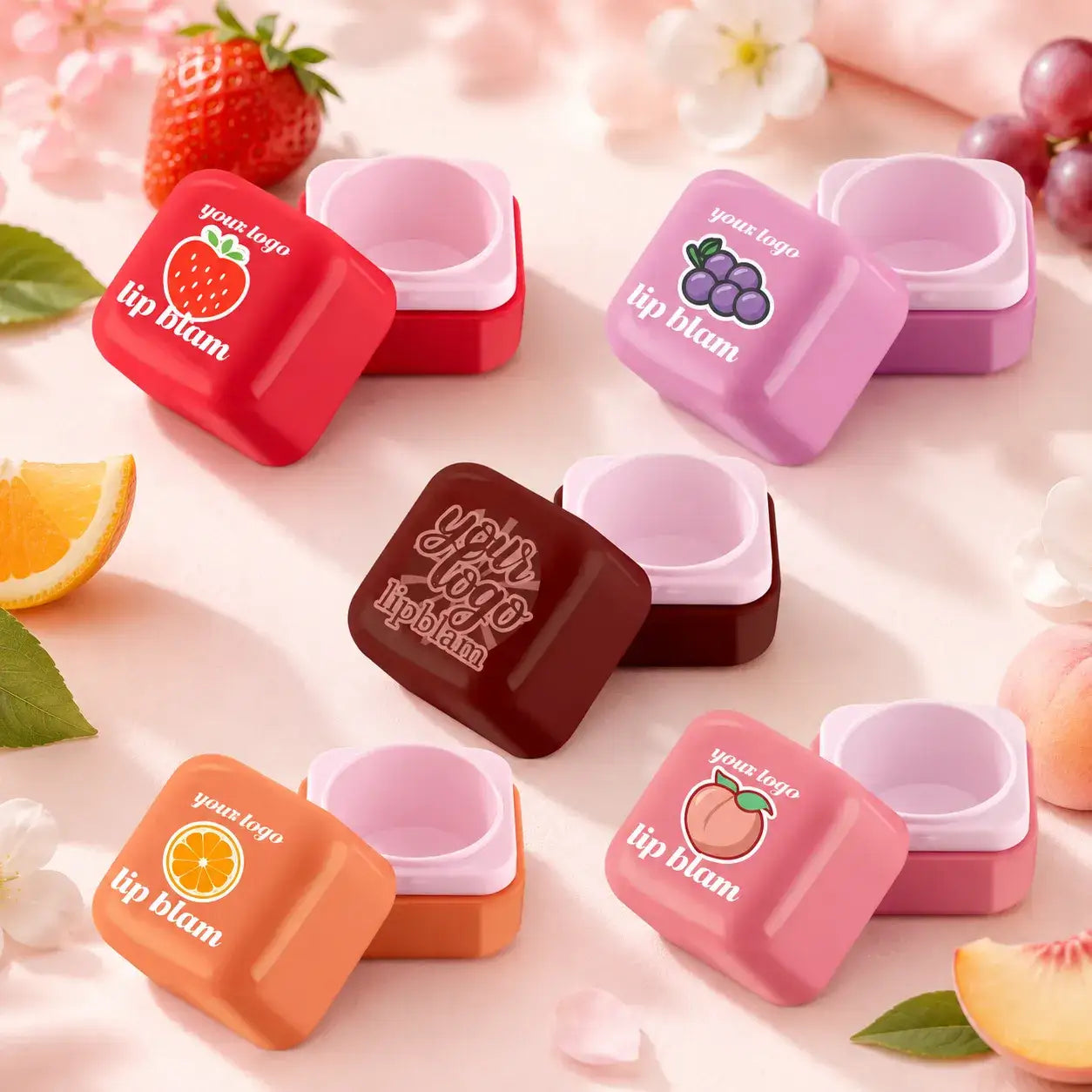 Colorful lip balm packaging with 3D printing fruit artwork, showing square empty lip balm containers with raised strawberry, grape, orange, chocolate, and peach designs for custom cosmetic packaging projects.