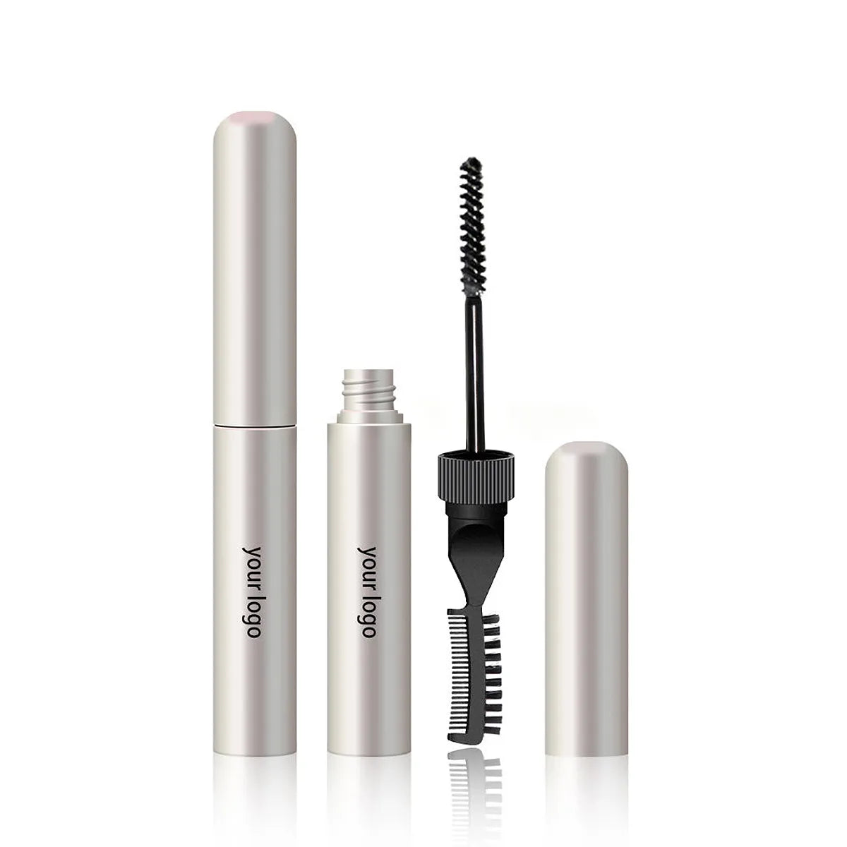 KAIYA aluminum eyebrow gel tube with silver metallic body, mascara-style brush, and small comb applicator for brow styling products