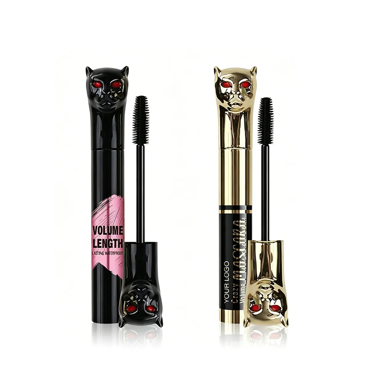 KAIYA aluminum mascara tube with metallic finish and decorative cat-style cap for custom eye makeup packaging projects