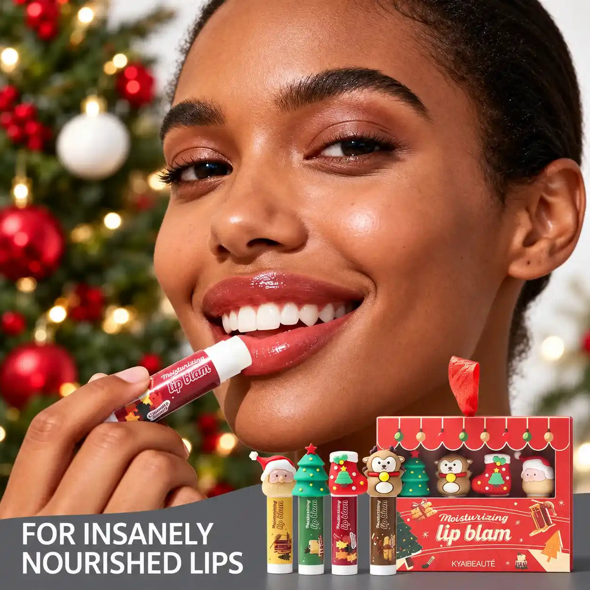 Model applying lip balm beside an inset of the Christmas character-cap balm gift set.