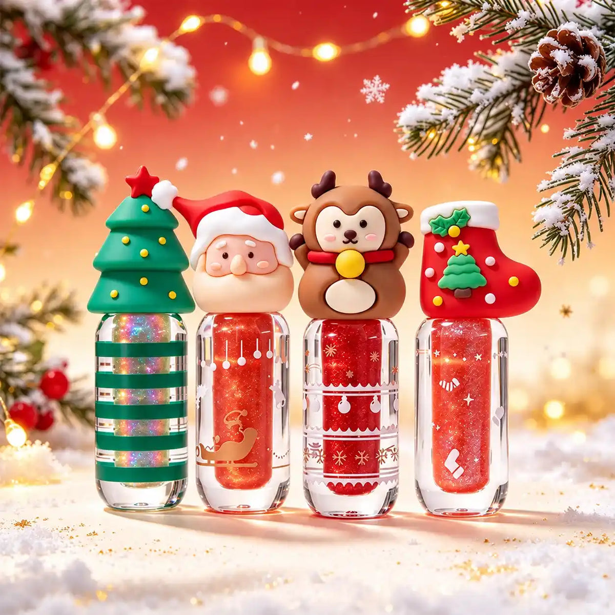 Christmas lip gloss bottles with tree, Santa, reindeer and stocking caps and festive printed designs.