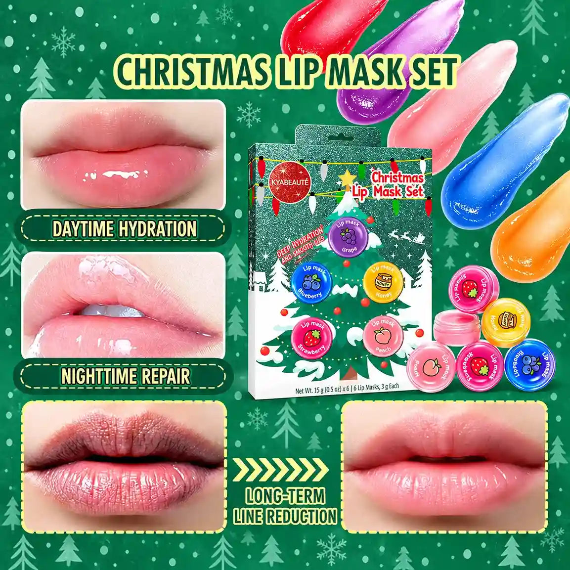Christmas lip mask gift set with colorful pots, texture swatches and close-ups of lips.