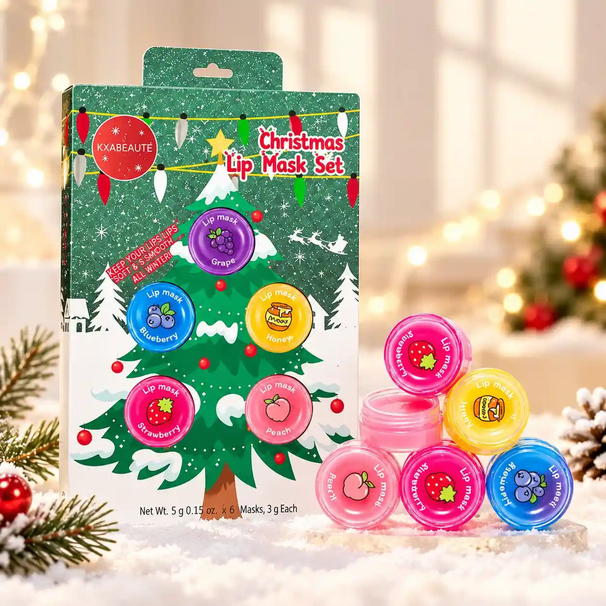Colorful lip mask pots displayed like hanging gifts on a green Christmas tree-themed pack.