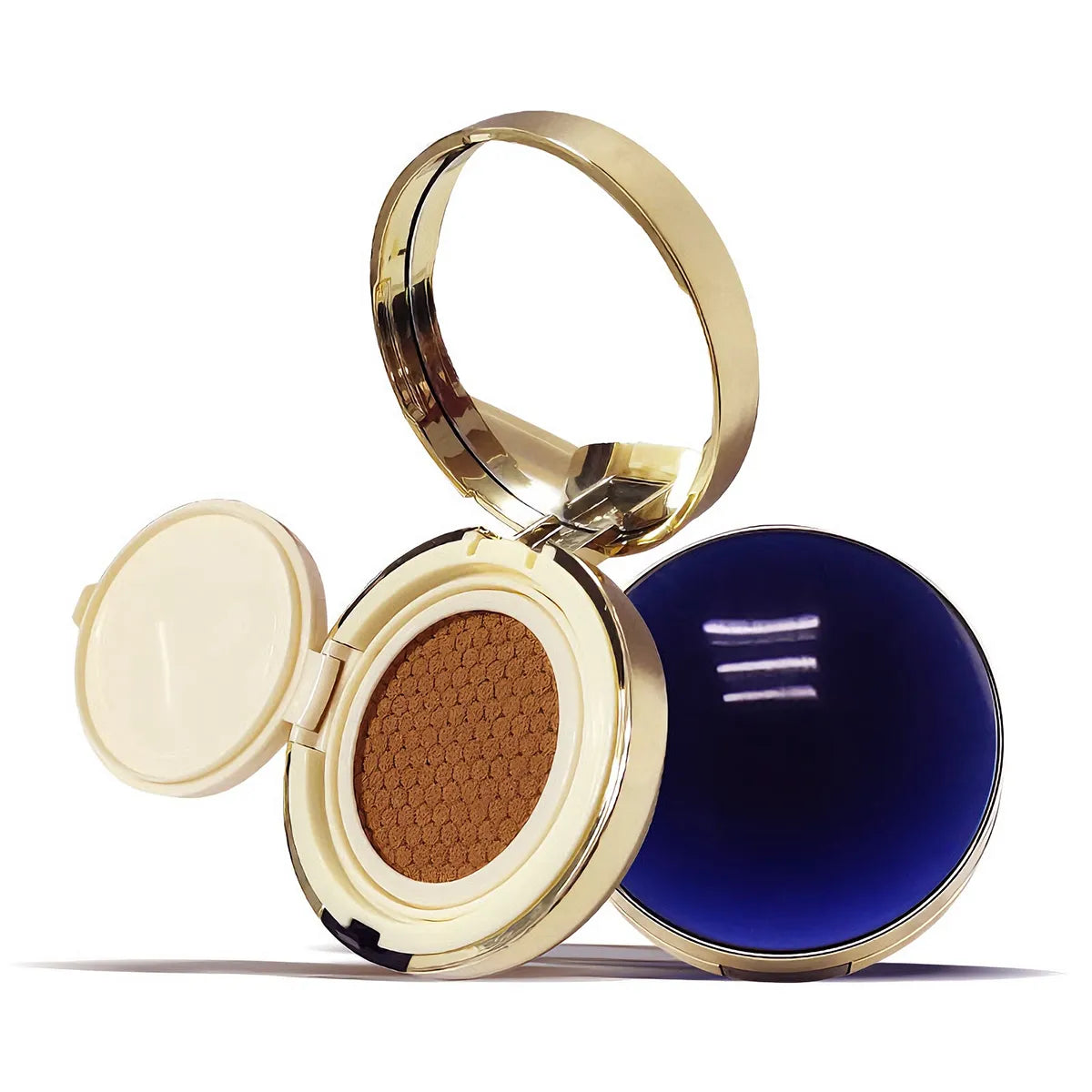 Kaiya compact cushion case in a round gold and blue design for cushion foundation packaging.