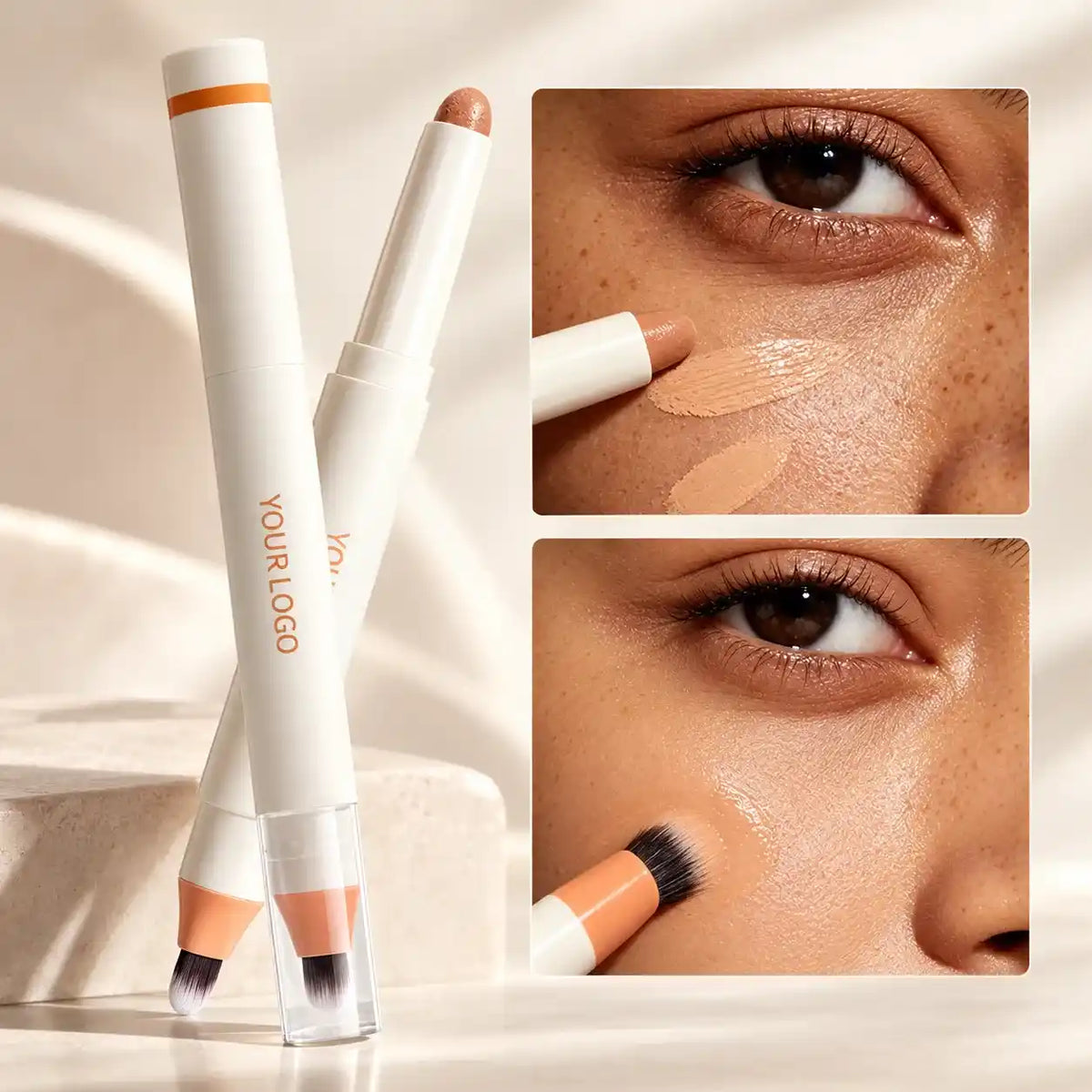 Concealer pencil private label product with a precision cream tip and blending brush for targeted facial application.