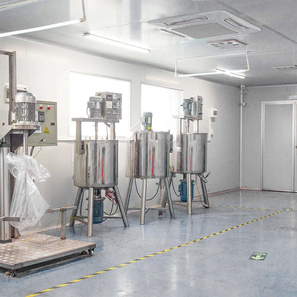 Inside our cosmetic factory in Shantou featuring advanced equipment for cosmetic formulation development and high-volume production.