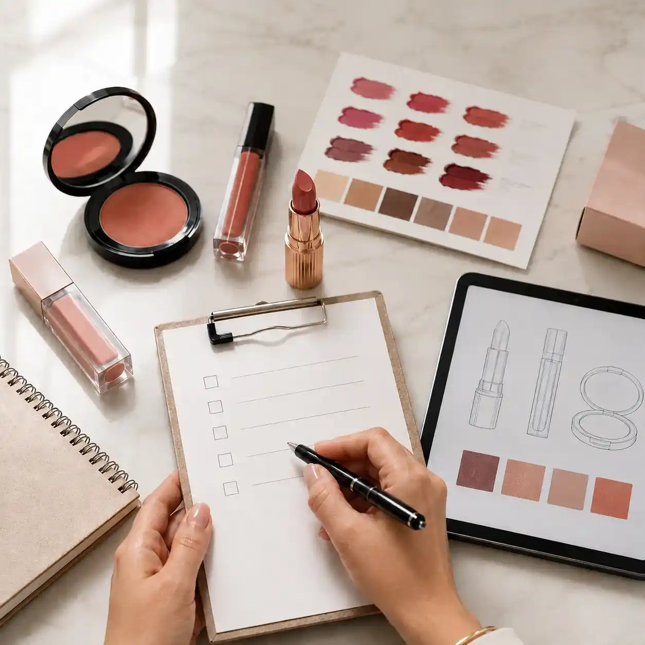 Cosmetics OEM services by KAIYA, showing makeup product requirement review, shade planning, packaging sketches, and sample development preparation.