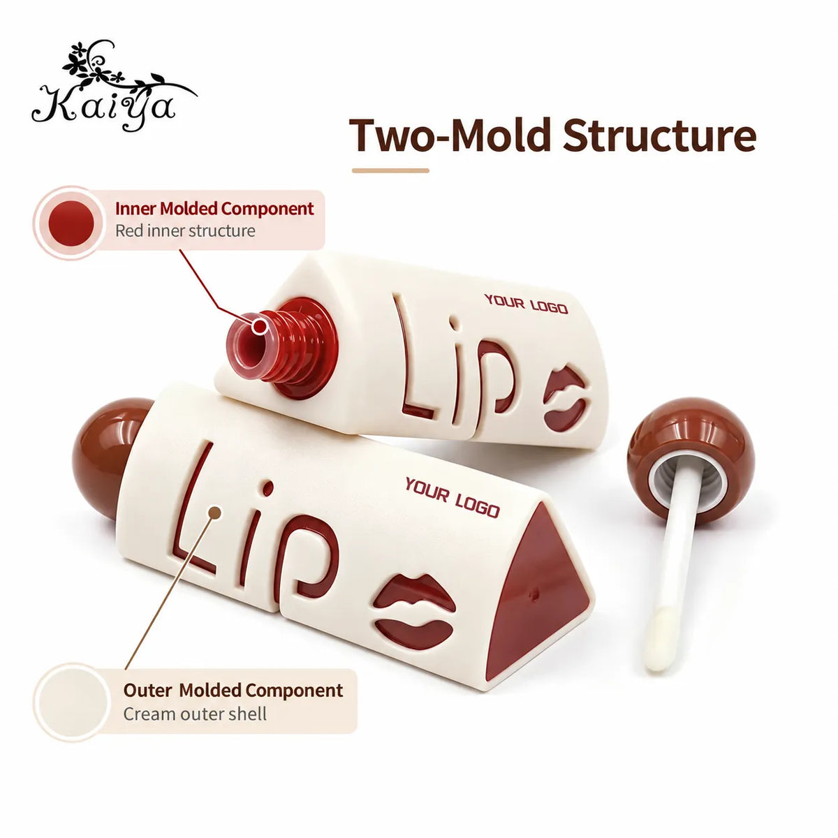 Creative lip gloss tubes with separate inner and outer molds for custom logo development
