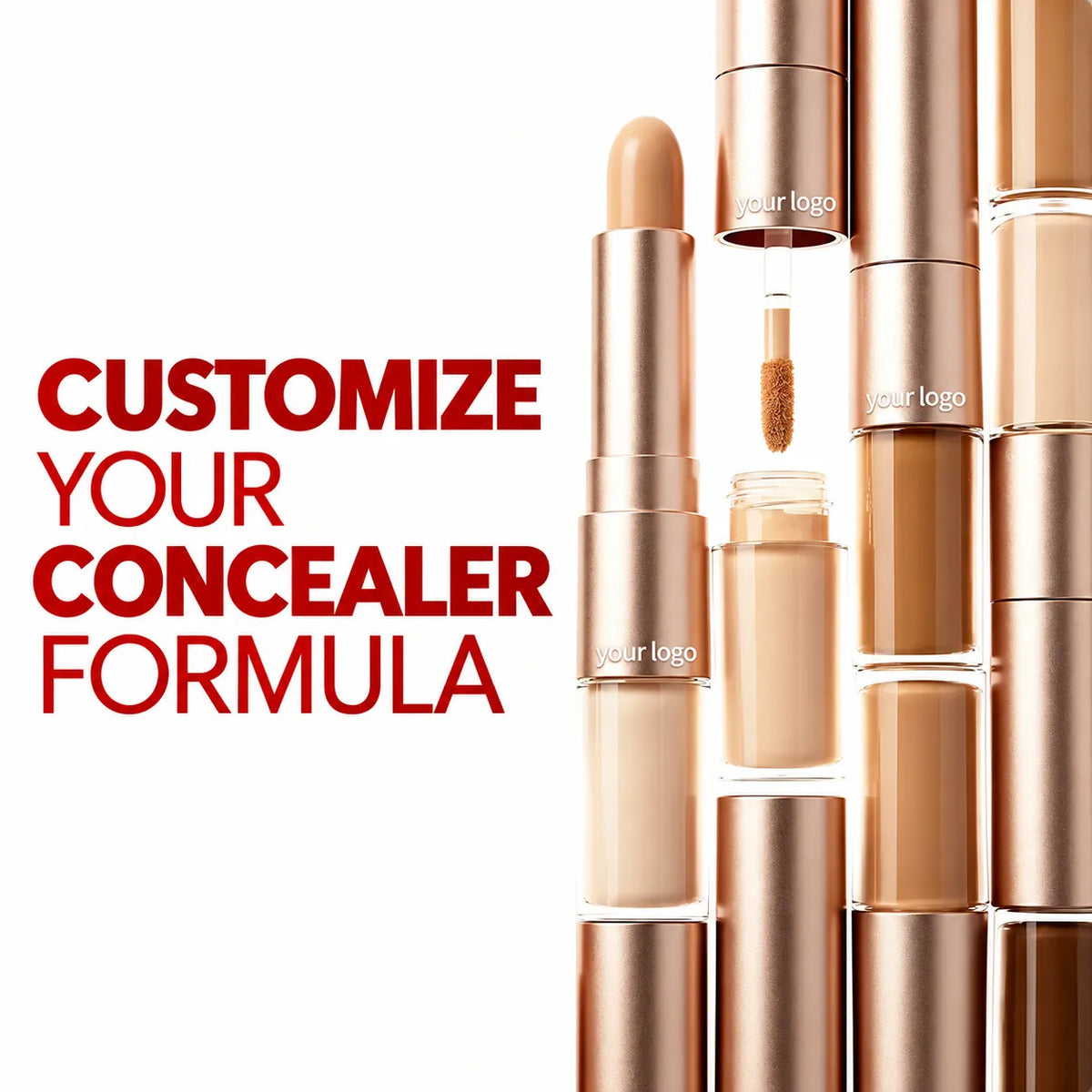 Custom concealer formulation and packaging options featuring rose gold concealer sticks, liquid containers and applicators from KAIYA.
