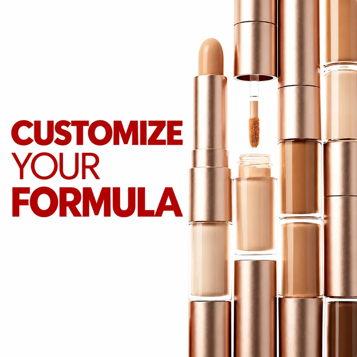 KAIYA ODM cosmetics and custom cosmetic formulation, featuring rose-gold makeup containers, a cream makeup stick and liquid makeup applicator.