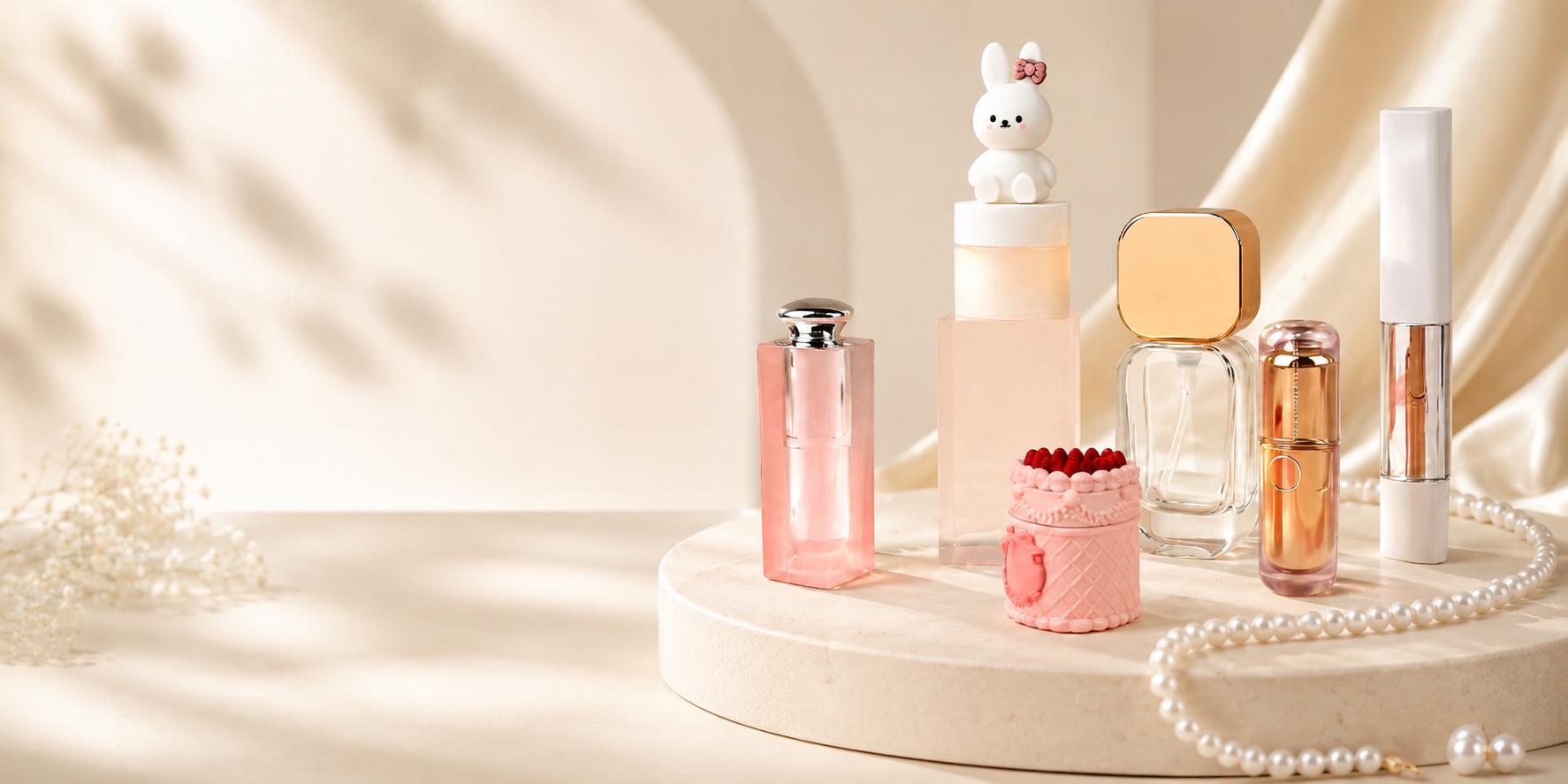 Custom cosmetic packaging by KAIYA, featuring a curated beauty packaging collection with lip gloss tubes, bottles, jars, and cute decorative cosmetic containers in an elegant display.