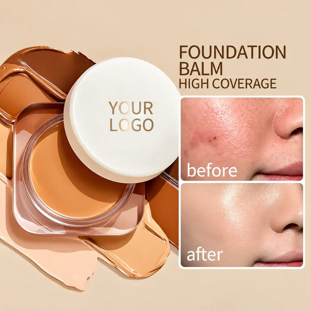 Custom foundation cream formula with high-coverage application and private label packaging options