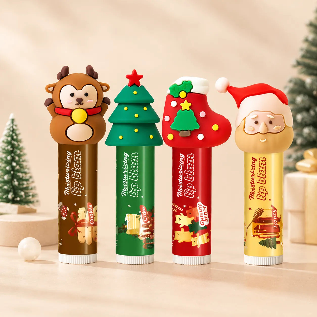Kaiya custom lip balm tubes with Christmas character toppers for seasonal lip care packaging projects