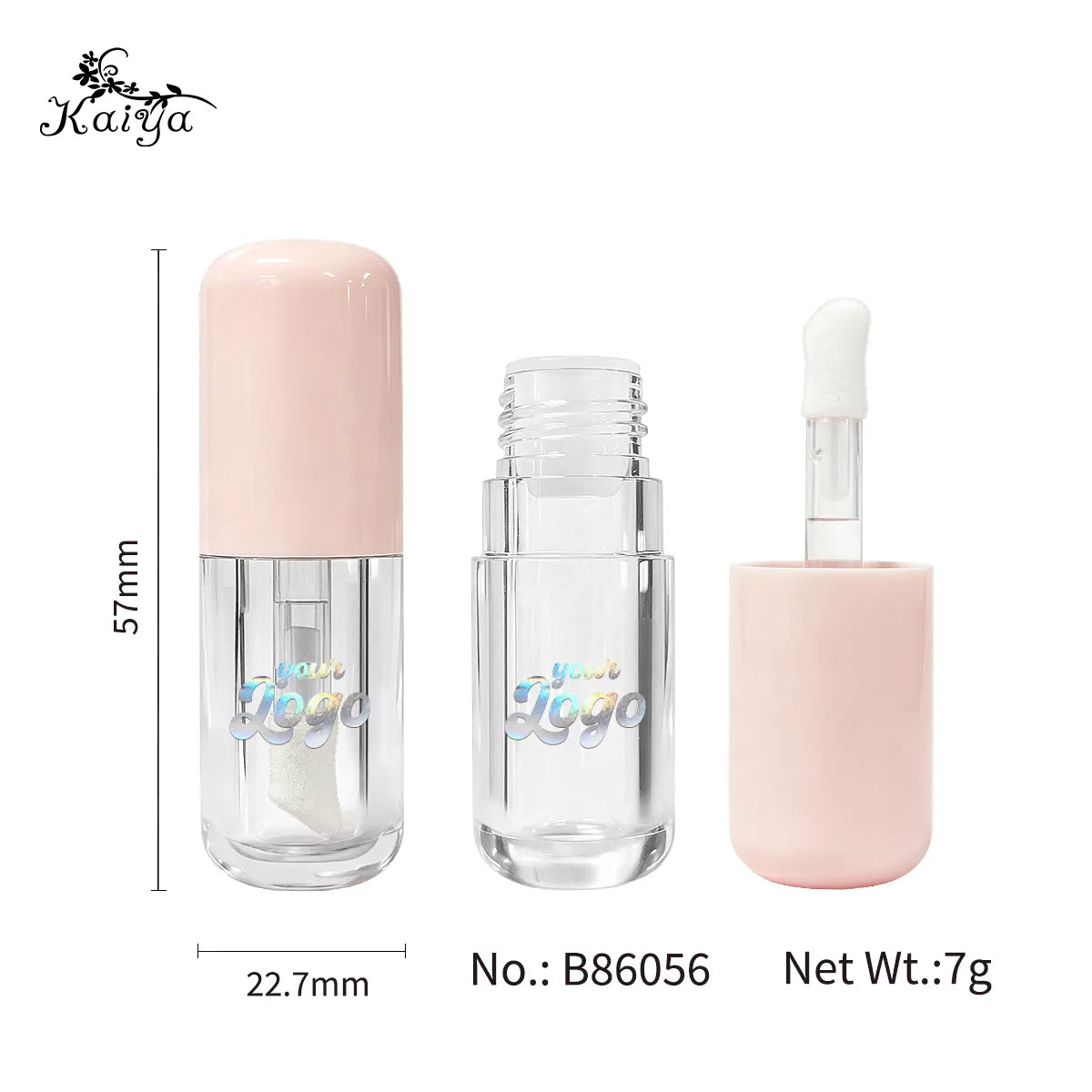 Custom lip gloss container B86056 showing the clear AS bottle, pink ABS cap, PETG brush stem and product dimensions by KAIYA.