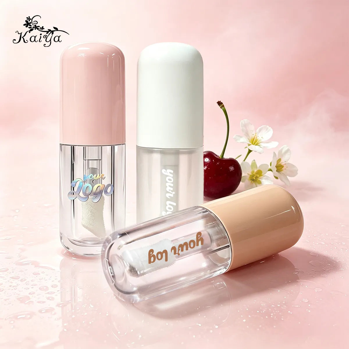 Custom lip gloss container B86056 displayed with pink, white and beige cap color options, transparent AS bottles and custom logo decoration by KAIYA.