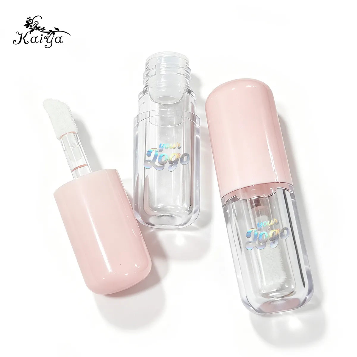 Custom lip gloss container featuring a clear AS bottle, removable pink cap, PETG brush stem and soft applicator by KAIYA.