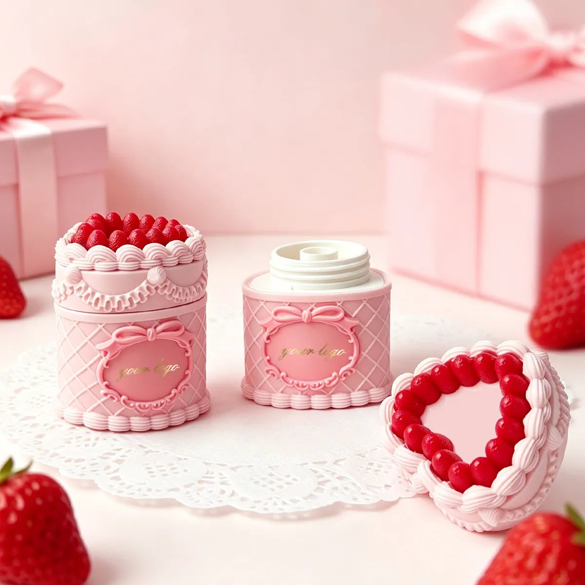 Kaiya cake-shaped custom lip gloss containers with pink frosting details and decorative lids