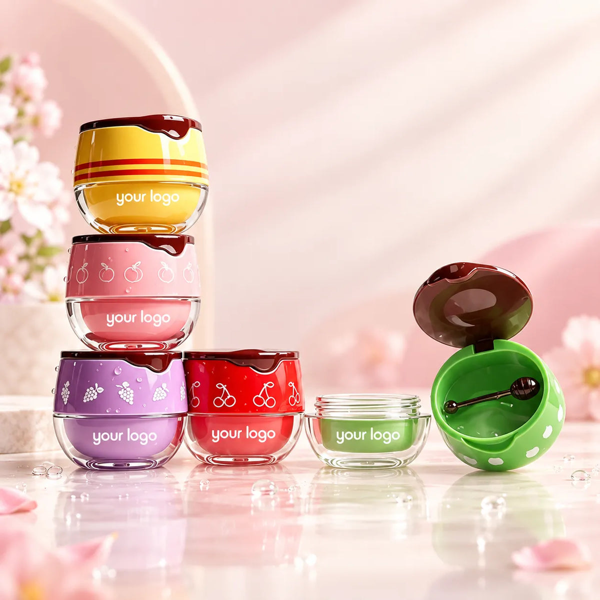 KAIYA custom lip gloss jars in coordinated colors and shapes for cosmetic collection development