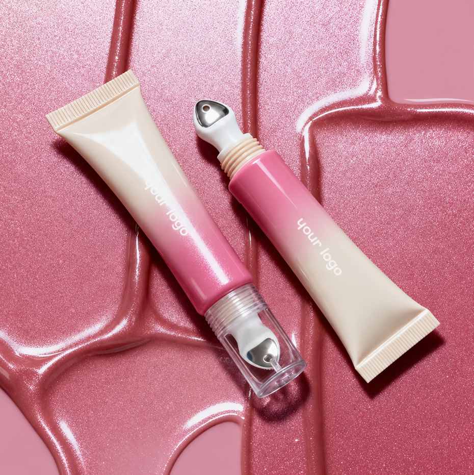 Kaiya custom lip gloss squeeze tubes in pink and white packaging with roller tip applicator.