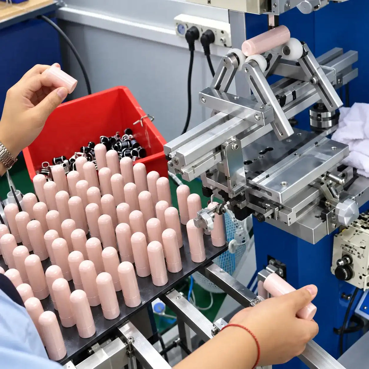 Screen printing equipment applying logos to customized lip gloss tubes at Kaiya