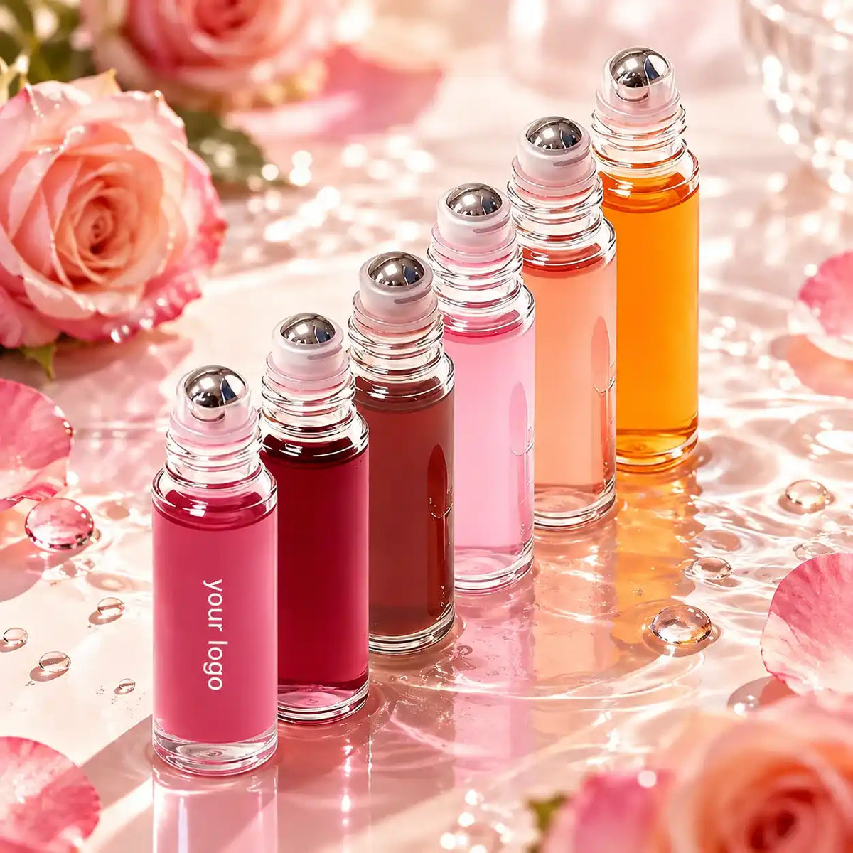 Custom lip tint shades in pink, berry, coral and orange for private label and lip tint wholesale projects.