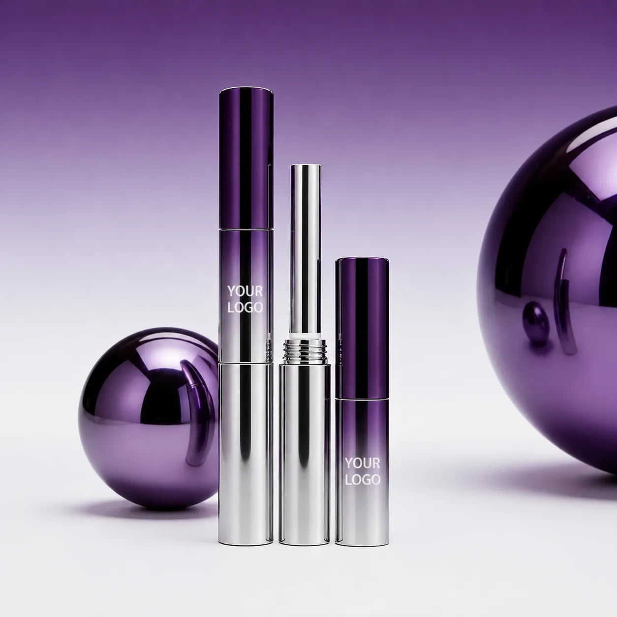 Kaiya custom lipstick packaging with purple metallic tube design and silver gradient finish