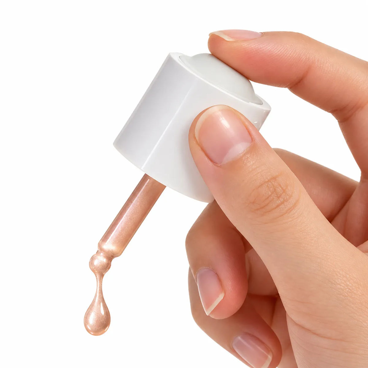 Custom liquid highlighters illustrated by a pearlescent drop flowing from an applicator held in hand.