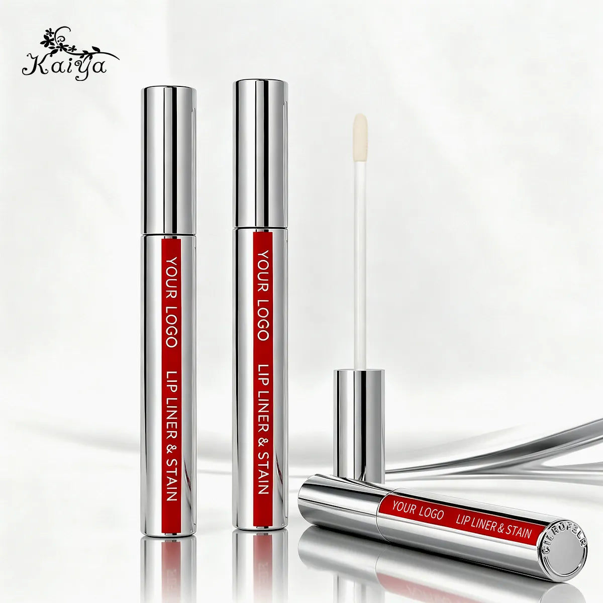 KAIYA A67055 custom logo lip gloss tubes with vacuum-metallized silver finishes, red printed panels and an open wand applicator