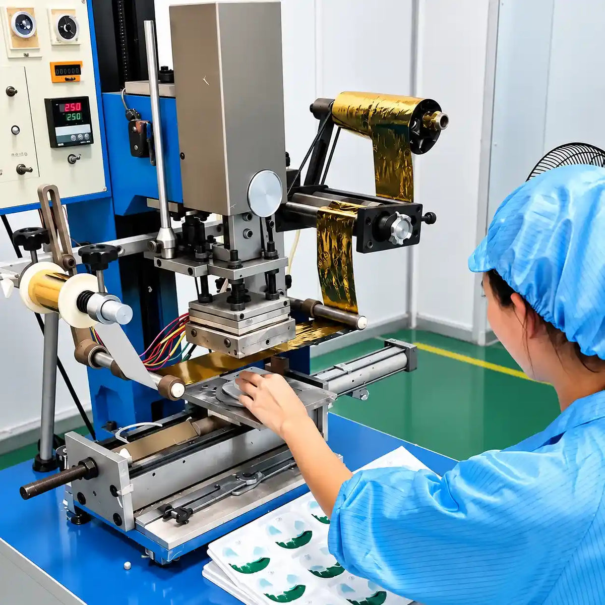 KAIYA custom makeup packaging production in China using hot stamping equipment for metallic foil decoration on cosmetic components