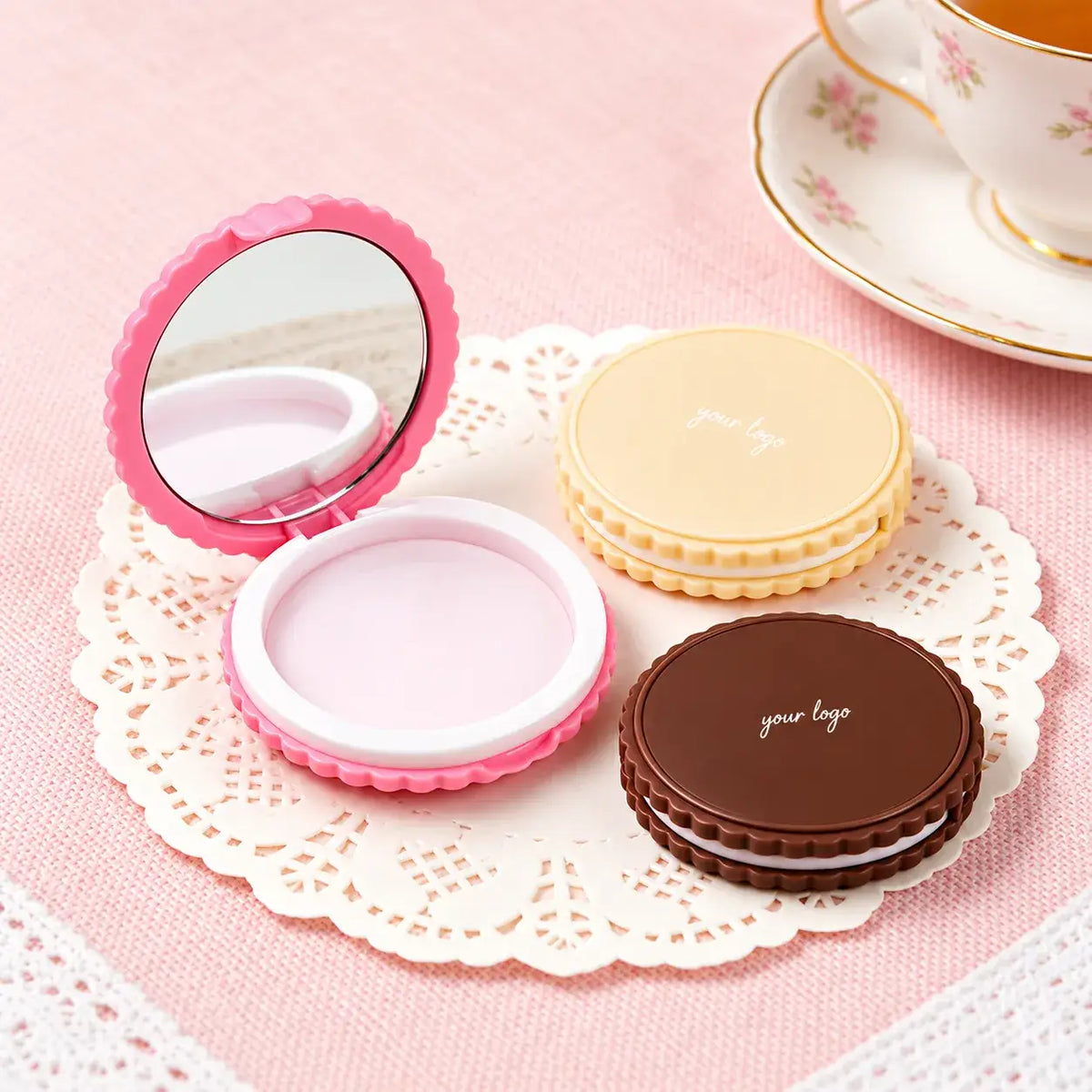 KAIYA custom-shaped empty makeup palette with mirror in a creative biscuit design