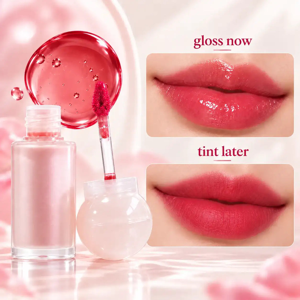 Custom translucent lip glaze and water lip tint showing a fresh watery layer and lasting tint after application.