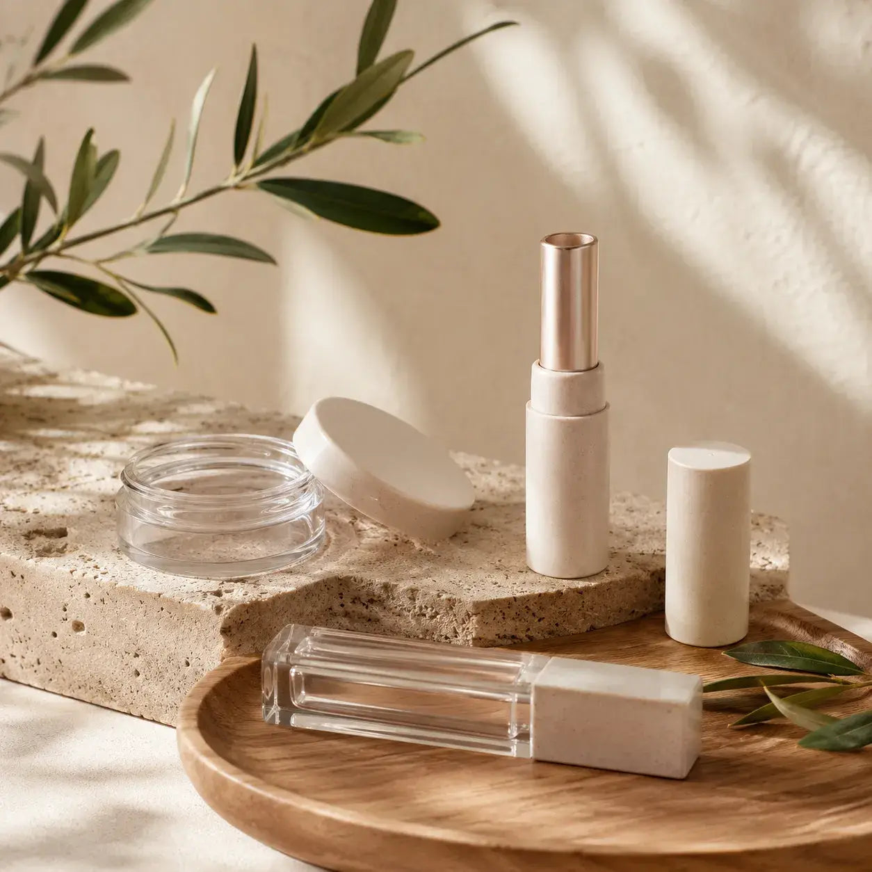 Kaiya eco friendly cosmetic packaging with empty makeup containers, compact case, lip gloss tube, lipstick tube, and jar in a natural botanical setting.