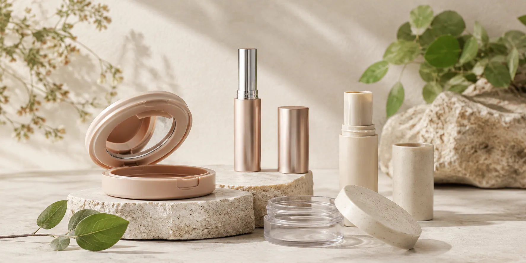Eco friendly cosmetic packaging by KAIYA, featuring compact cases, lipstick tubes, jars, and paper-based cosmetic containers for beauty brands.