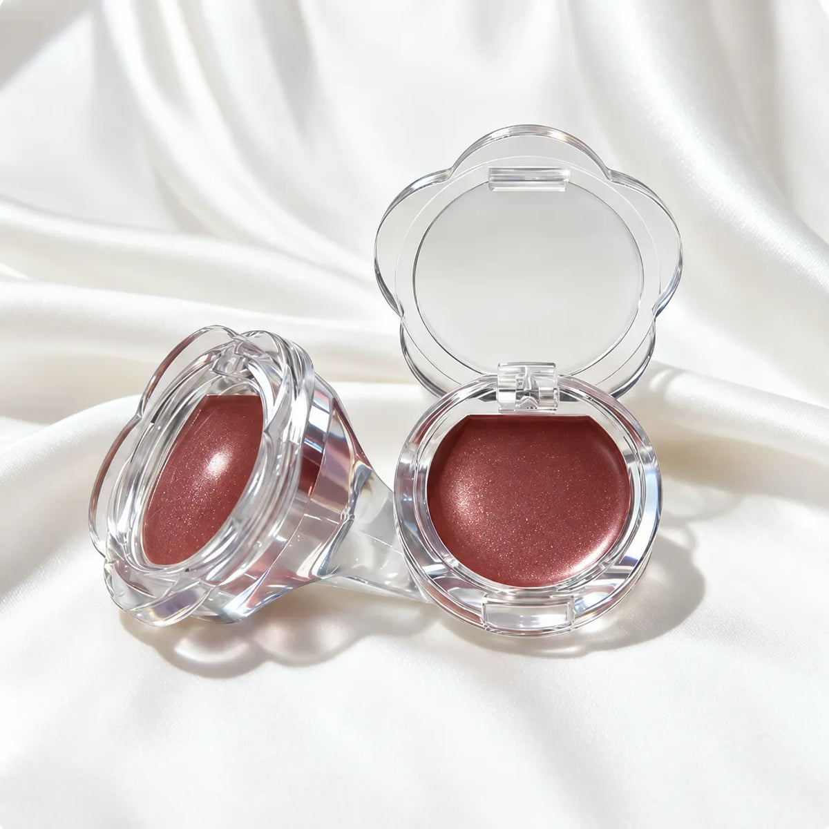 KAIYA empty lip gloss jars showing clear containers for shimmer and pearl gloss formulas