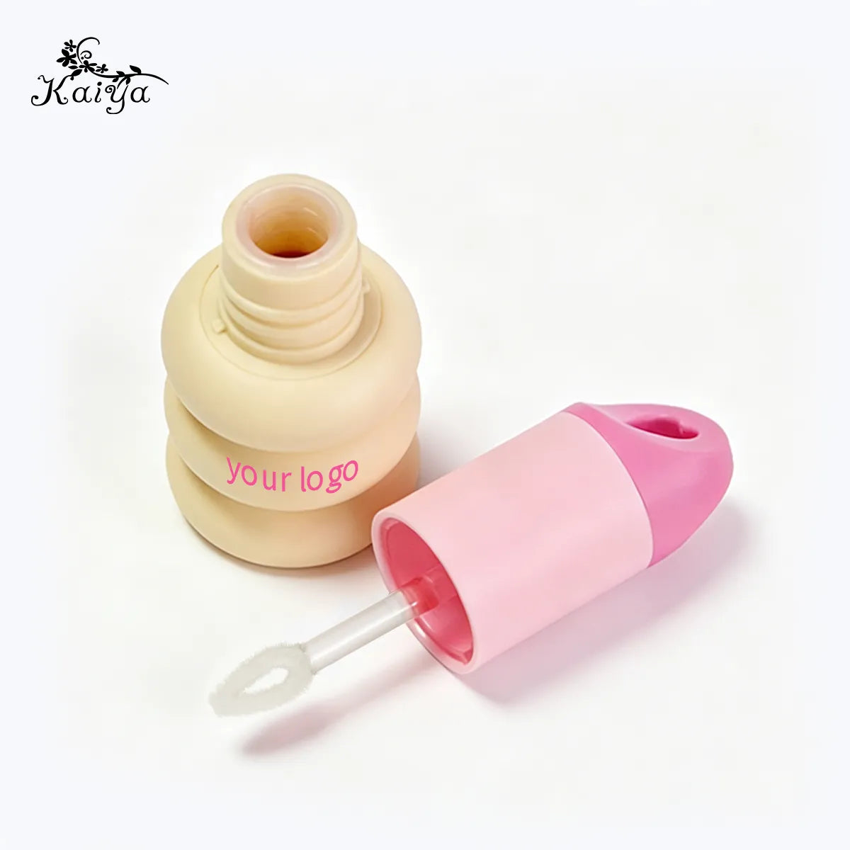 Empty lip gloss keychain B86041 showing the open container, applicator and heart-shaped pink cap for custom cosmetic packaging.