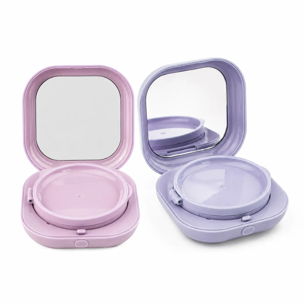 Kaiya empty loose powder case in pastel pink and lavender colors with open mirror compact design for powder packaging.