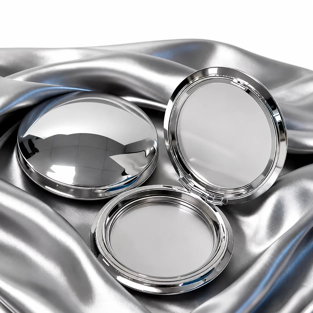 KAIYA empty makeup palette in silver round compact style for contour, highlighter, or face makeup packaging